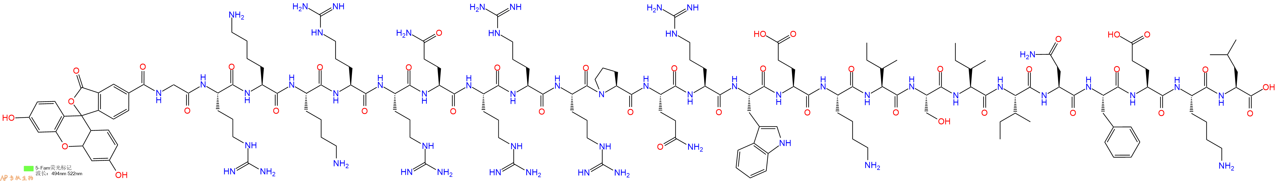 专肽生物产品5FAM-Gly-Arg-Lys-Lys-Arg-Arg-Gln-Arg-Arg-Arg-Pro-Gln-Arg-Trp-Glu-Lys-Ile-Ser-Ile-Ile-Asn-Phe-Glu-Lys-Leu-OH