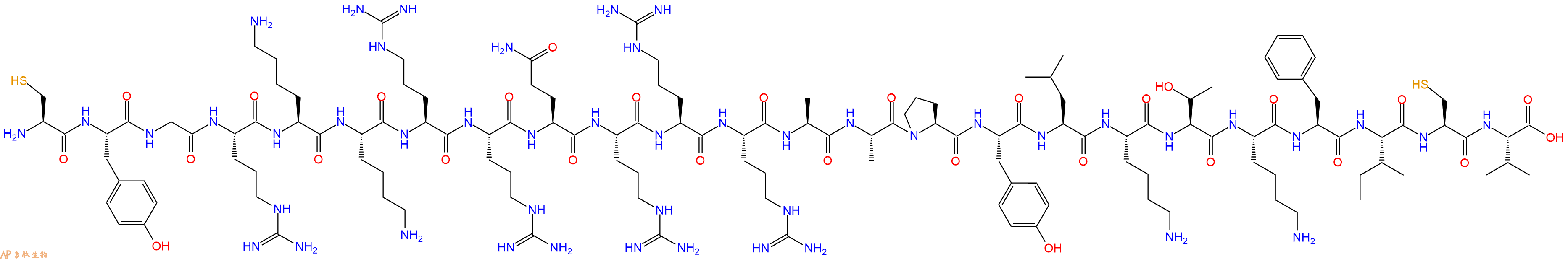 专肽生物产品H2N-Cys-Tyr-Gly-Arg-Lys-Lys-Arg-Arg-Gln-Arg-Arg-Arg-Ala-Ala-Pro-Tyr-Leu-Lys-Thr-Lys-Phe-Ile-Cys-Val-OH