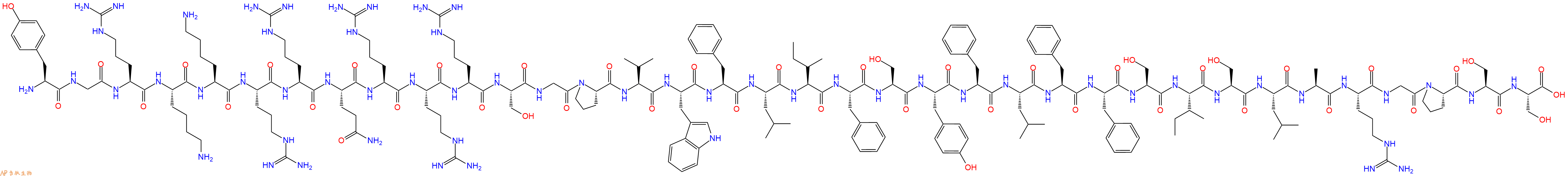 专肽生物产品H2N-Tyr-Gly-Arg-Lys-Lys-Arg-Arg-Gln-Arg-Arg-Arg-Ser-Gly-Pro-Val-Trp-Phe-Leu-Ile-Phe-Ser-Tyr-Phe-Leu-Phe-Phe-Ser-Ile-Ser-Leu-Ala-Arg-Gly-Pro-Ser-Ser-OH