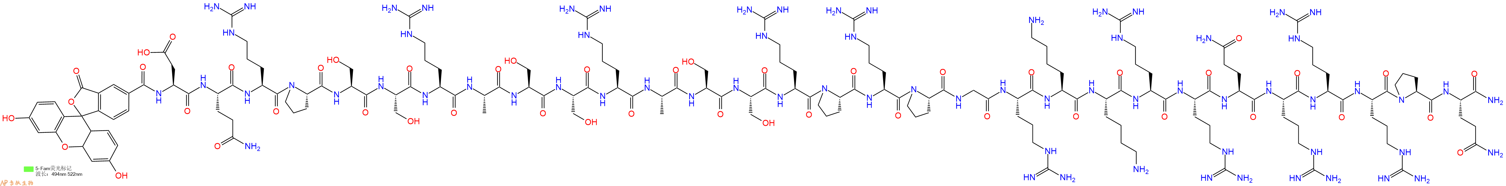 专肽生物产品5FAM-Asp-Gln-Arg-Pro-Ser-Ser-Arg-Ala-Ser-Ser-Arg-Ala-Ser-Ser-Arg-Pro-Arg-Pro-Gly-Arg-Lys-Lys-Arg-Arg-Gln-Arg-Arg-Arg-Pro-Gln-CONH2