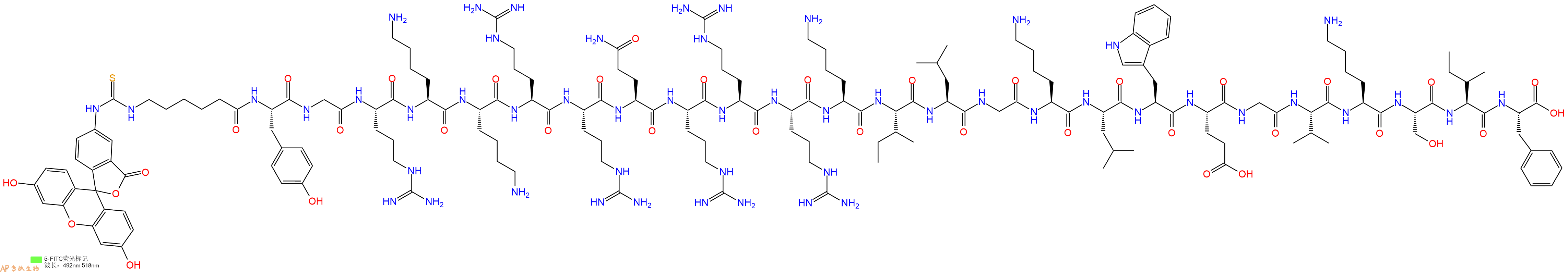 专肽生物产品5FITC-Ahx-Tyr-Gly-Arg-Lys-Lys-Arg-Arg-Gln-Arg-Arg-Arg-Lys-Ile-Leu-Gly-Lys-Leu-Trp-Glu-Gly-Val-Lys-Ser-Ile-Phe-OH