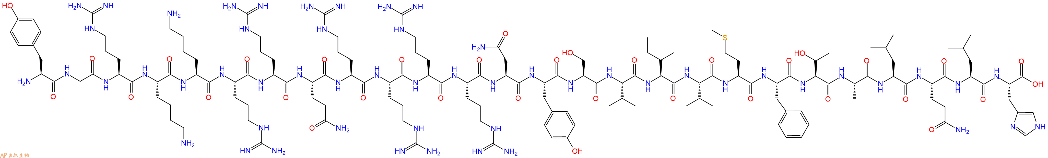 专肽生物产品H2N-Tyr-Gly-Arg-Lys-Lys-Arg-Arg-Gln-Arg-Arg-Arg-Arg-Asn-Tyr-Ser-Val-Ile-Val-Met-Phe-Thr-Ala-Leu-Gln-Leu-His-OH