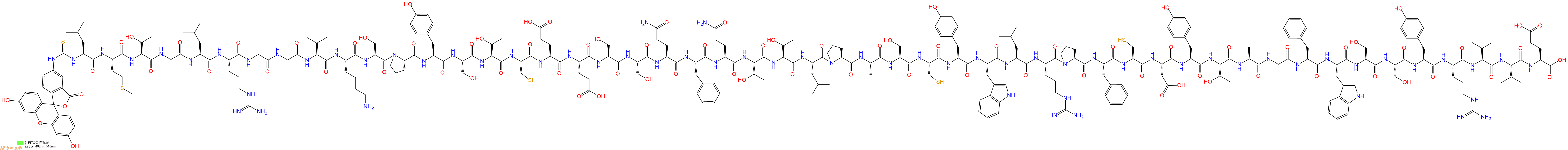 专肽生物产品5FITC-Leu-Met-Thr-Gly-Leu-Arg-Gly-Gly-Val-Lys-Ser-Pro-Tyr-Ser-Thr-Cys-Glu-Glu-Ser-Ser-Gln-Phe-Gln-Thr-Thr-Leu-Pro-Ala-Ser-Cys-Tyr-Trp-Leu-Arg-Pro-Phe-Cys-Asp-Tyr-Thr-Ala-Gly-Phe-Trp-Ser-Ser-Tyr-Arg-Val-Val-Glu-OH