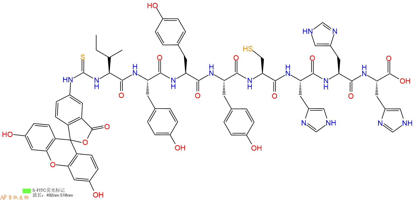 专肽生物产品5FITC-Ile-Tyr-Tyr-Tyr-Cys-His-His-His-OH