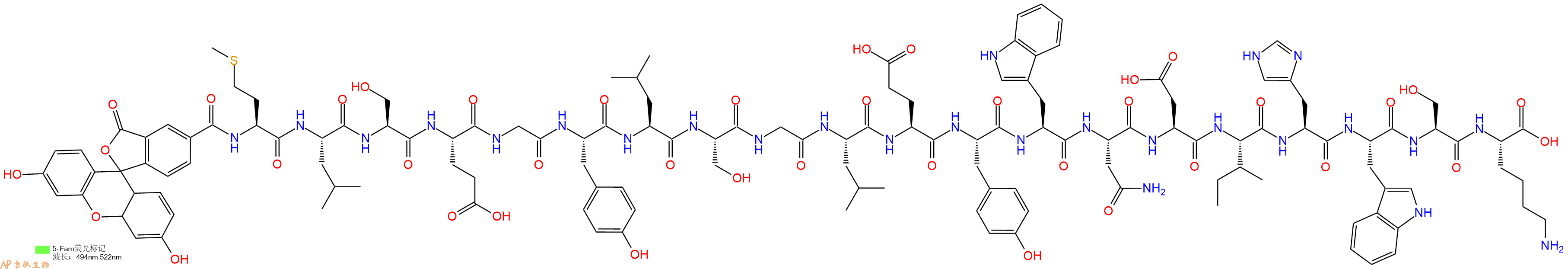 专肽生物产品5FAM-Met-Leu-Ser-Glu-Gly-Tyr-Leu-Ser-Gly-Leu-Glu-Tyr-Trp-Asn-Asp-Ile-His-Trp-Ser-Lys-OH