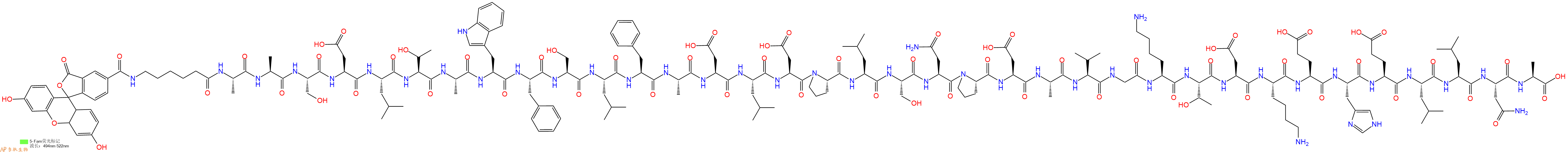 专肽生物产品5FAM-Ahx-Ala-Ala-Ser-Asp-Leu-Thr-Ala-Trp-Phe-Ser-Leu-Phe-Ala-Asp-Leu-Asp-Pro-Leu-Ser-Asn-Pro-Asp-Ala-Val-Gly-Lys-Thr-Asp-Lys-Glu-His-Glu-Leu-Leu-Asn-Ala-OH