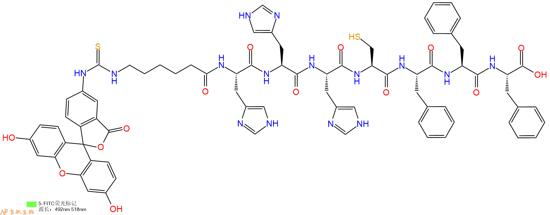 专肽生物产品5FITC-Ahx-His-His-His-Cys-Phe-Phe-Phe-OH