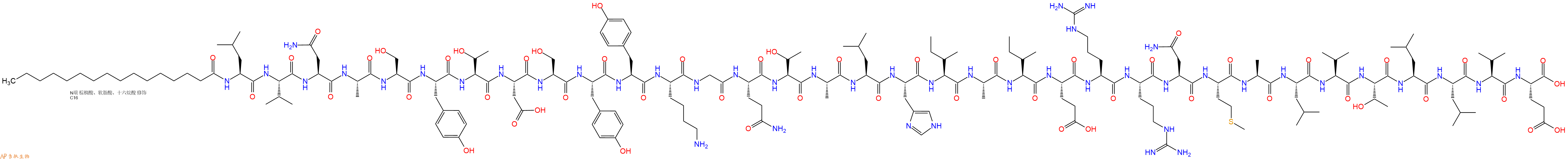 专肽生物产品Palmiticacid-Leu-Val-Asn-Ala-Ser-Tyr-Thr-Asp-Ser-Tyr-Tyr-Lys-Gly-Gln-Thr-Ala-Leu-His-Ile-Ala-Ile-Glu-Arg-Arg-Asn-Met-Ala-Leu-Val-Thr-Leu-Leu-Val-Glu-OH