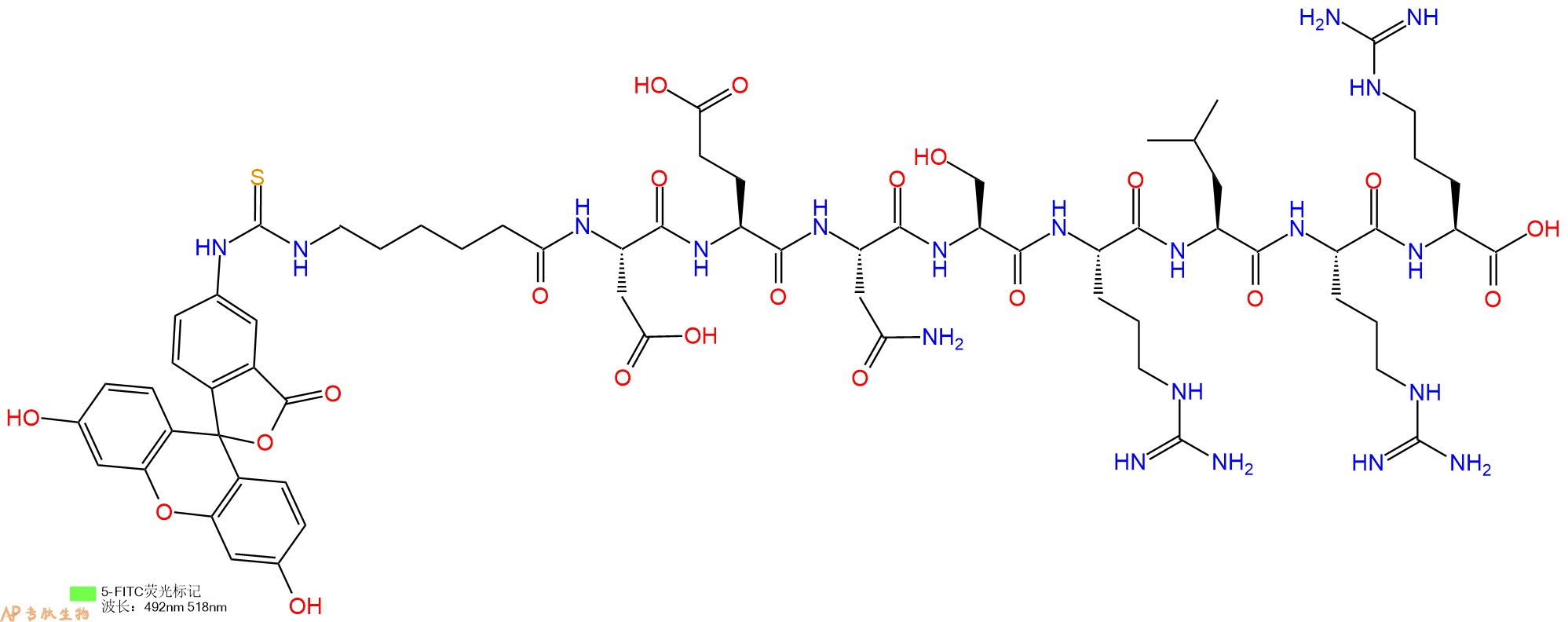 专肽生物产品5FITC-Ahx-Asp-Glu-Asn-Ser-Arg-Leu-Arg-Arg-OH