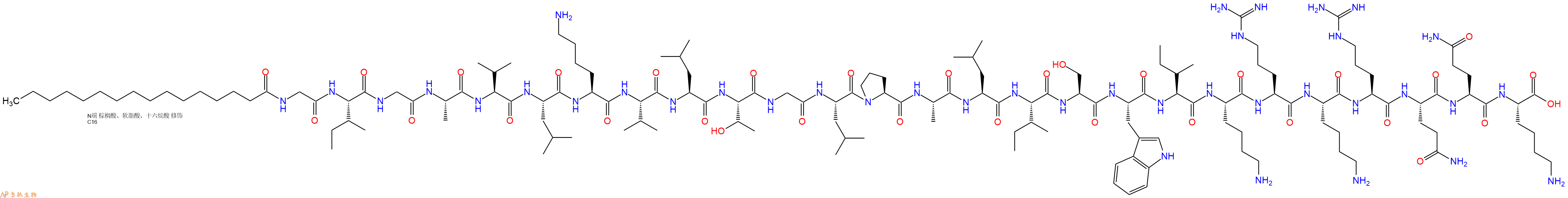 专肽生物产品Palmiticacid-Gly-Ile-Gly-Ala-Val-Leu-Lys-Val-Leu-Thr-Gly-Leu-Pro-Ala-Leu-Ile-Ser-Trp-Ile-Lys-Arg-Lys-Arg-Gln-Gln-Lys-OH