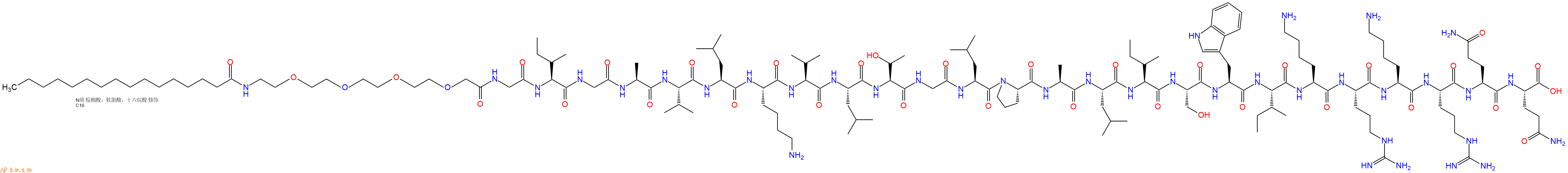 专肽生物产品Palmiticacid-PEG4-Gly-Ile-Gly-Ala-Val-Leu-Lys-Val-Leu-Thr-Gly-Leu-Pro-Ala-Leu-Ile-Ser-Trp-Ile-Lys-Arg-Lys-Arg-Gln-Gln