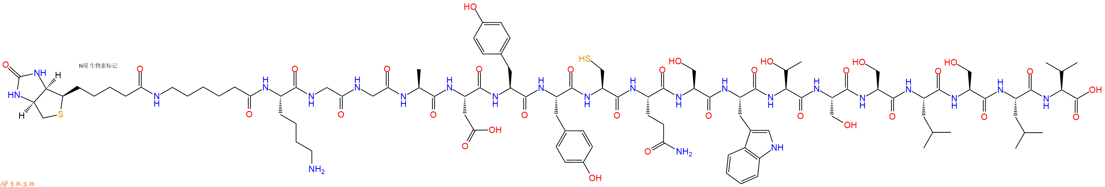 专肽生物产品Biotinyl-Ahx-Lys-Gly-Gly-Ala-Asp-Tyr-Tyr-Cys-Gln-Ser-Trp-Thr-Ser-Ser-Leu-Ser-Leu-Val-OH