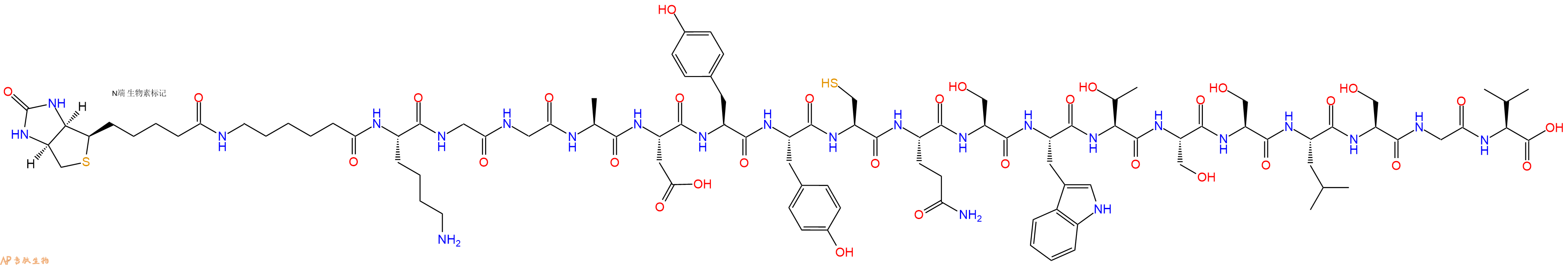 专肽生物产品Biotinyl-Ahx-Lys-Gly-Gly-Ala-Asp-Tyr-Tyr-Cys-Gln-Ser-Trp-Thr-Ser-Ser-Leu-Ser-Gly-Val-OH