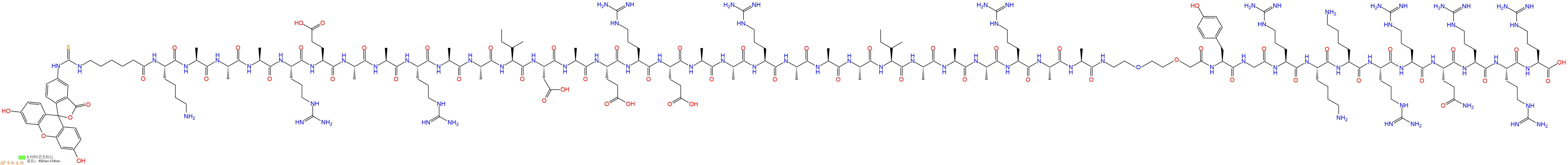 专肽生物产品5FITC-Ahx-Lys-Ala-Ala-Ala-Arg-Glu-Ala-Ala-Arg-Ala-Ala-Ile-Asp-Ala-Glu-Arg-Glu-Ala-Ala-Arg-Ala-Ala-Ala-Ile-Ala-Ala-Ala-Arg-Ala-Ala-PEG2-Tyr-Gly-Arg-Lys-Lys-Arg-Arg-Gln-Arg-Arg-Arg