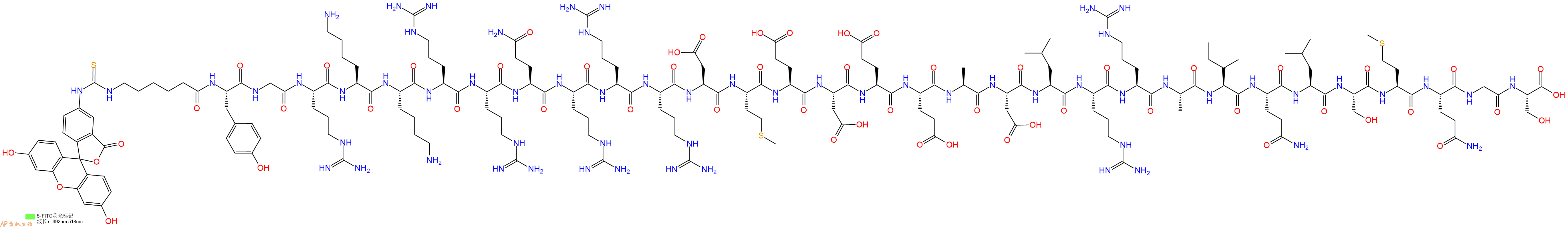 专肽生物产品5FITC-Ahx-Tyr-Gly-Arg-Lys-Lys-Arg-Arg-Gln-Arg-Arg-Arg-Asp-Met-Glu-Asp-Glu-Glu-Ala-Asp-Leu-Arg-Arg-Ala-Ile-Gln-Leu-Ser-Met-Gln-Gly-Ser-OH