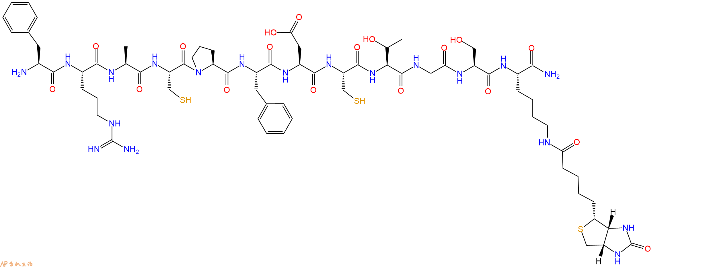 专肽生物产品H2N-Phe-Arg-Ala-Cys-Pro-Phe-Asp-Cys-Thr-Gly-Ser-Lys(Biotin)-CONH2