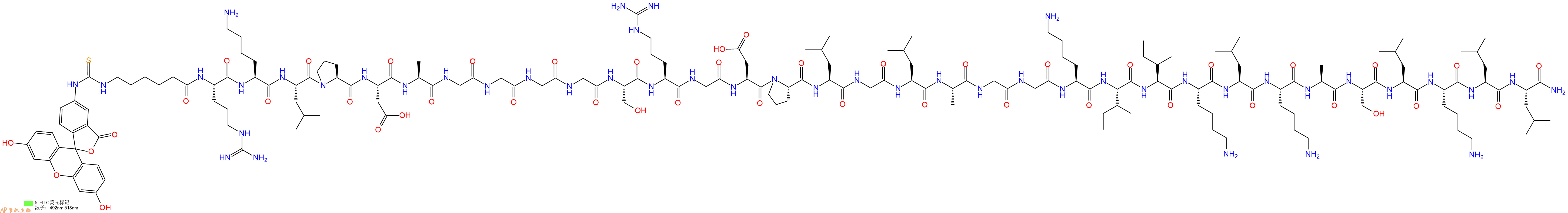 专肽生物产品5FITC-Ahx-Arg-Lys-Leu-Pro-Asp-Ala-Gly-Gly-Gly-Gly-Ser-Arg-Gly-Asp-Pro-Leu-Gly-Leu-Ala-Gly-Gly-Lys-Ile-Ile-Lys-Leu-Lys-Ala-Ser-Leu-Lys-Leu-Leu-CONH2