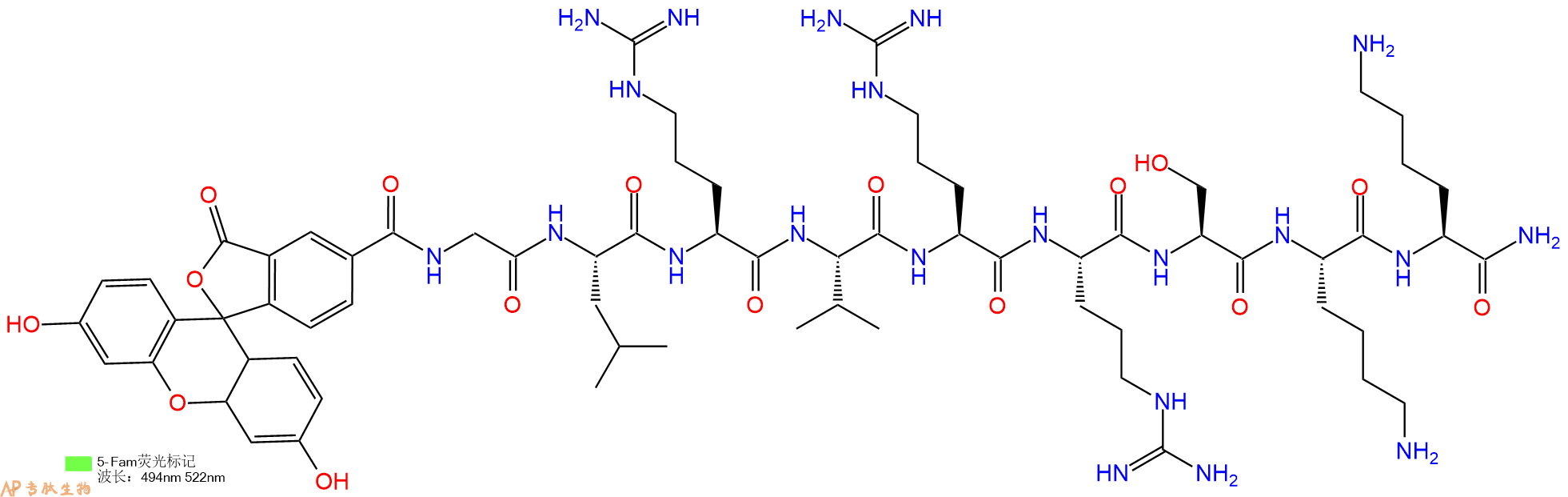 专肽生物产品5FAM-Gly-Leu-Arg-Val-Arg-Arg-Ser-Lys-Lys-CONH2