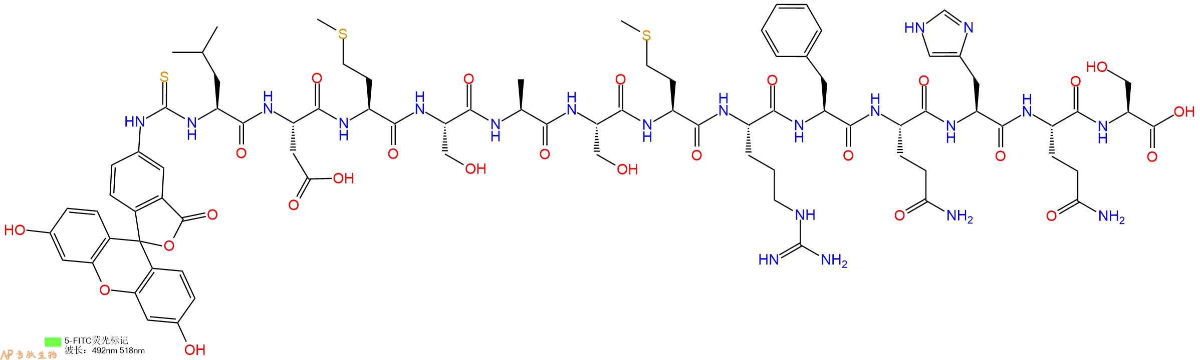 专肽生物产品5FITC-Leu-Asp-Met-Ser-Ala-Ser-Met-Arg-Phe-Gln-His-Gln-Ser-OH