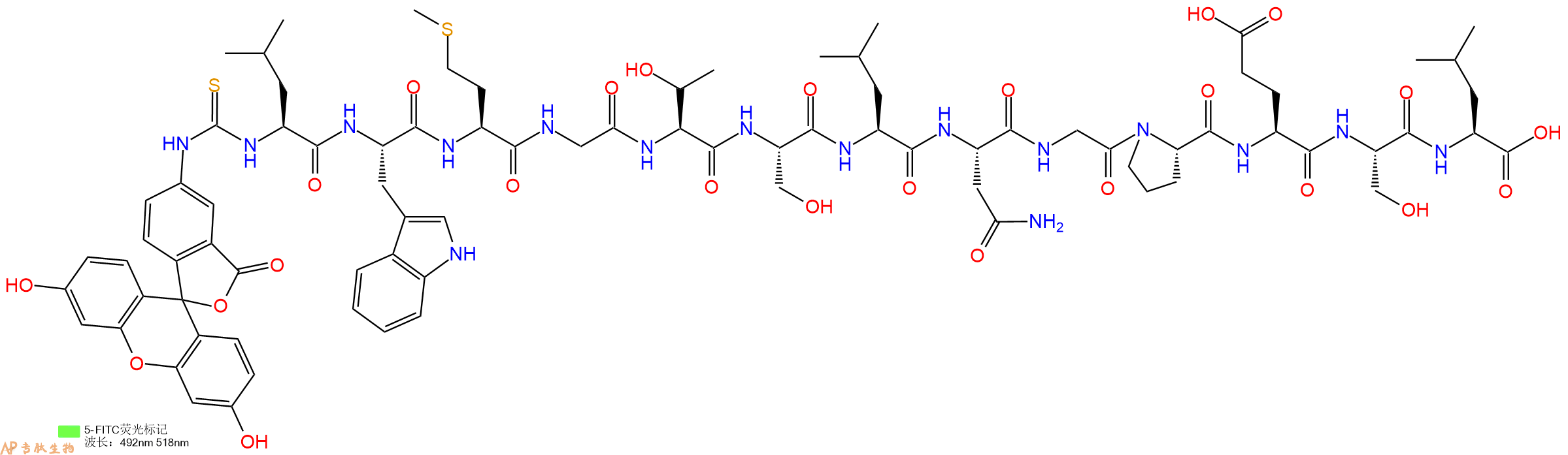 专肽生物产品5FITC-Leu-Trp-Met-Gly-Thr-Ser-Leu-Asn-Gly-Pro-Glu-Ser-Leu-OH