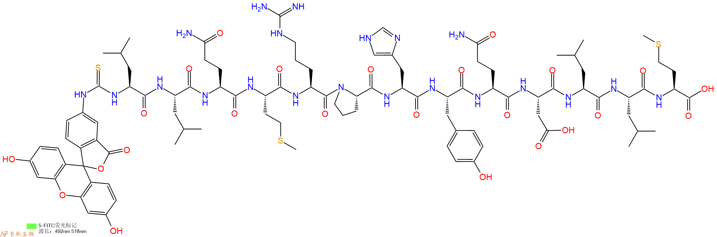 专肽生物产品5FITC-Leu-Leu-Gln-Met-Arg-Pro-His-Tyr-Gln-Asp-Leu-Leu-Met-OH