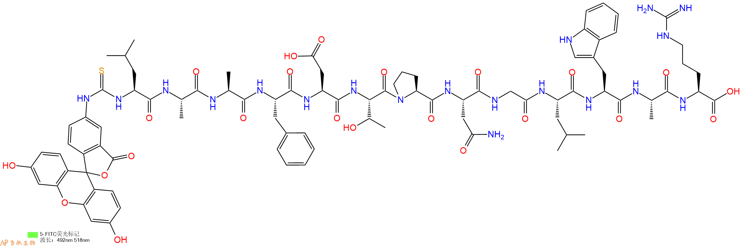 专肽生物产品5FITC-Leu-Ala-Ala-Phe-Asp-Thr-Pro-Asn-Gly-Leu-Trp-Ala-Arg-OH