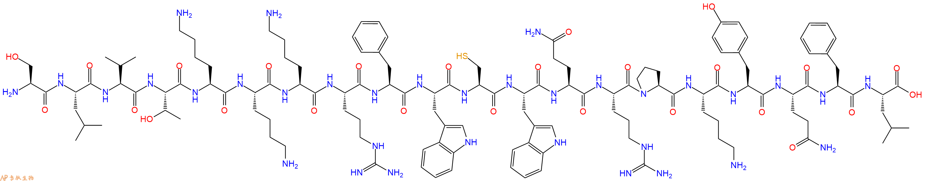 专肽生物产品H2N-Ser-Leu-Val-Thr-Lys-Lys-Lys-Arg-Phe-Trp-Cys-Trp-Gln-Arg-Pro-Lys-Tyr-Gln-Phe-Leu-OH