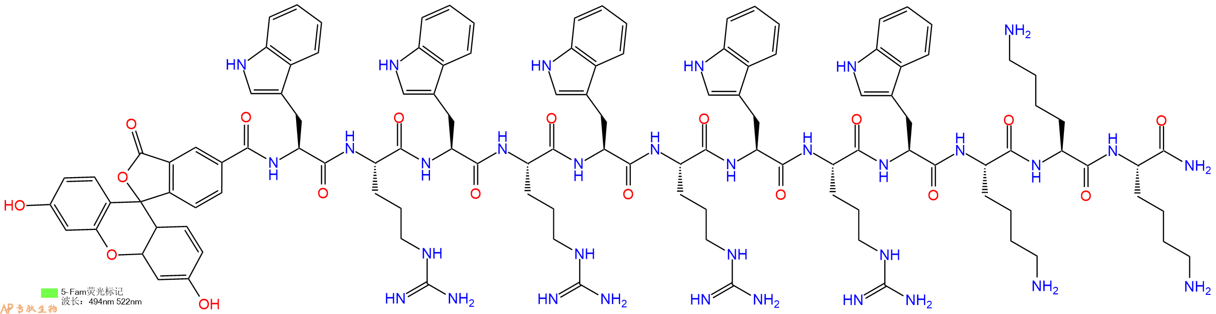 专肽生物产品5FAM-Trp-Arg-Trp-Arg-Trp-Arg-Trp-Arg-Trp-Lys-Lys-Lys-CONH2