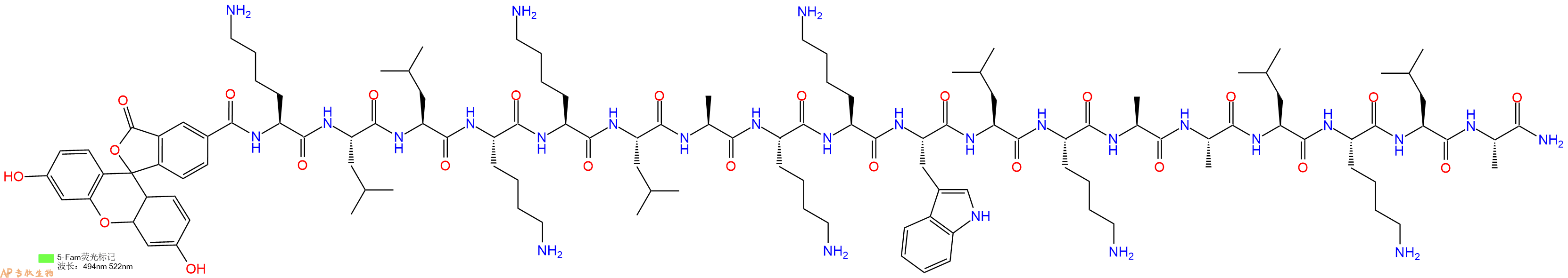 专肽生物产品5FAM-Lys-Leu-Leu-Lys-Lys-Leu-Ala-Lys-Lys-Trp-Leu-Lys-Ala-Ala-Leu-Lys-Leu-Ala-CONH2