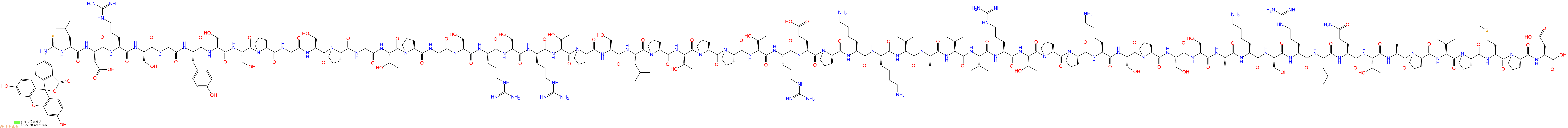 专肽生物产品5FITC-Leu-Asp-Arg-Ser-Gly-Tyr-Ser-Ser-Pro-Gly-Ser-Pro-Gly-Thr-Pro-Gly-Ser-Arg-Ser-Arg-Thr-Pro-Ser-Leu-Pro-Thr-Pro-Pro-Thr-Arg-Glu-Pro-Lys-Lys-Val-Ala-Val-Val-Arg-Thr-Pro-Pro-Lys-Ser-Pro-Ser-Ser-Ala-Lys-Ser-Arg-Leu-Gln-Thr-Ala-Pro-Val-Pro-Met-Pro-Asp-OH