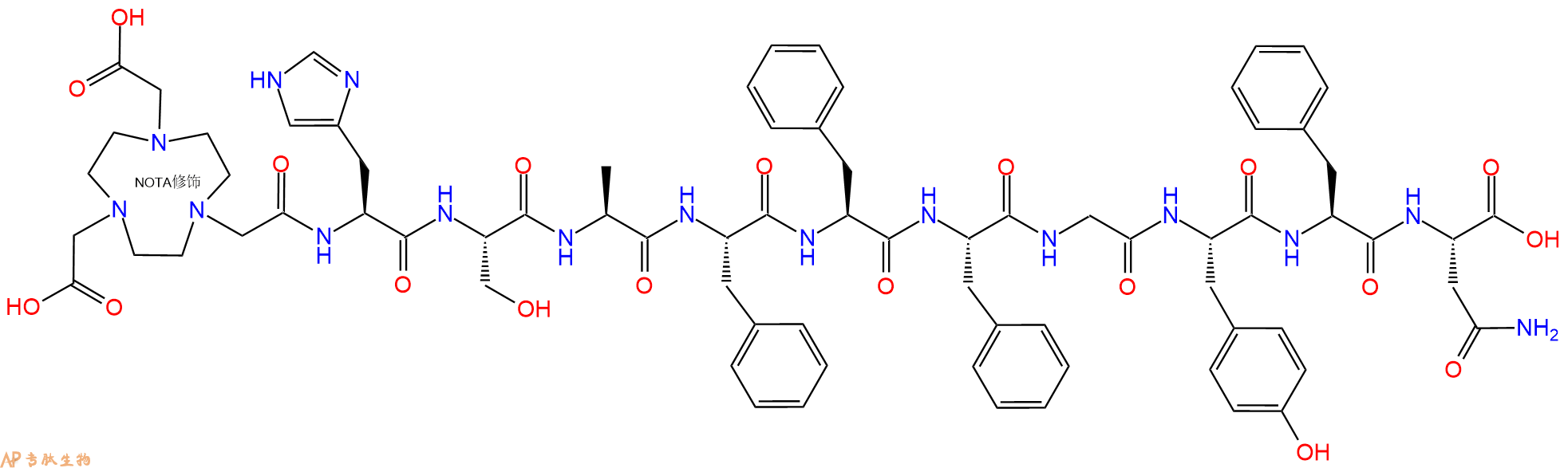 专肽生物产品NOTA-His-Ser-Ala-Phe-Phe-Phe-Gly-Tyr-Phe-Asn-OH