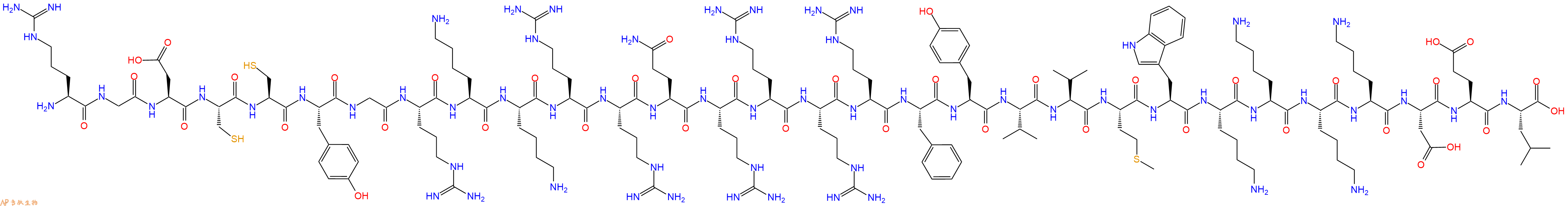 专肽生物产品H2N-Arg-Gly-Asp-Cys-Cys-Tyr-Gly-Arg-Lys-Lys-Arg-Arg-Gln-Arg-Arg-Arg-Arg-Phe-Tyr-Val-Val-Met-Trp-Lys-Lys-Lys-Lys-Asp-Glu-Leu-OH