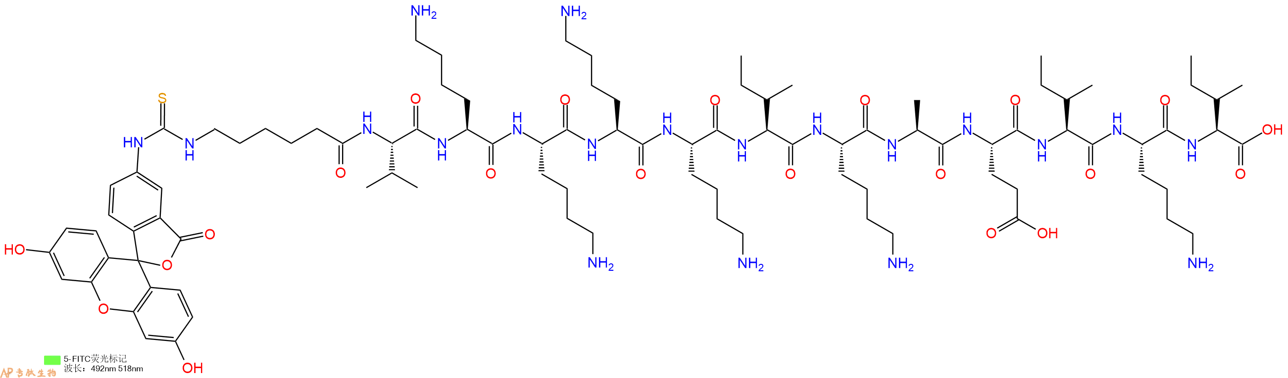 专肽生物产品5FITC-Ahx-Val-Lys-Lys-Lys-Lys-Ile-Lys-Ala-Glu-Ile-Lys-Ile-OH