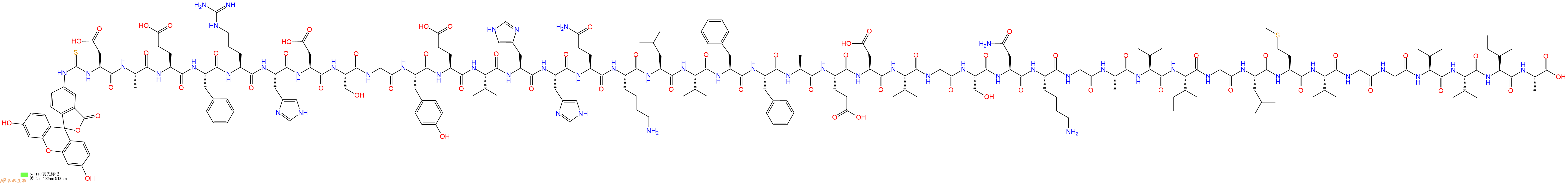 专肽生物产品5FITC-Asp-Ala-Glu-Phe-Arg-His-Asp-Ser-Gly-Tyr-Glu-Val-His-His-Gln-Lys-Leu-Val-Phe-Phe-Ala-Glu-Asp-Val-Gly-Ser-Asn-Lys-Gly-Ala-Ile-Ile-Gly-Leu-Met-Val-Gly-Gly-Val-Val-Ile-Ala-OH