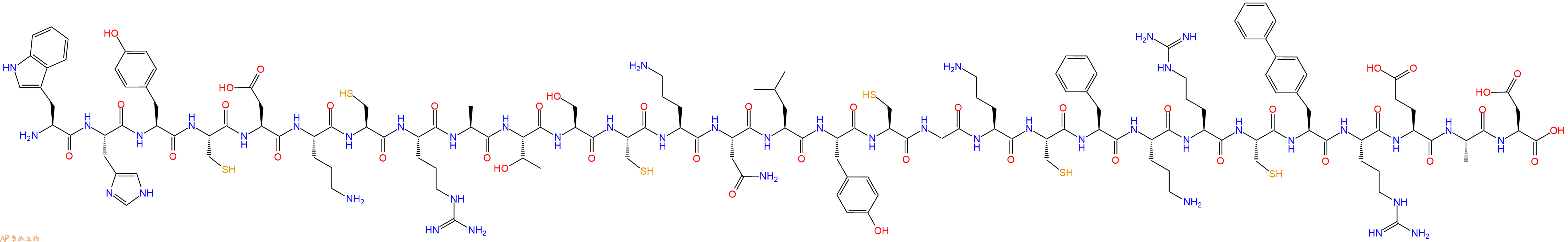 专肽生物产品H2N-Trp-His-Tyr-Cys-Asp-Orn-Cys-Arg-Ala-Thr-Ser-Cys-Orn-Asn-Leu-Tyr-Cys-Gly-Orn-Cys-Phe-Orn-Arg-Cys-Bip-Arg-Glu-Ala-Asp-OH