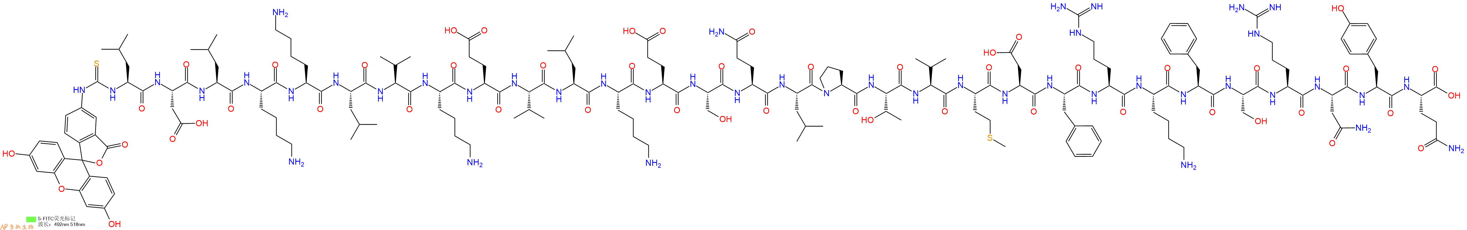 专肽生物产品5FITC-Leu-Asp-Leu-Lys-Lys-Leu-Val-Lys-Glu-Val-Leu-Lys-Glu-Ser-Gln-Leu-Pro-Thr-Val-Met-Asp-Phe-Arg-Lys-Phe-Ser-Arg-Asn-Tyr-Gln-OH