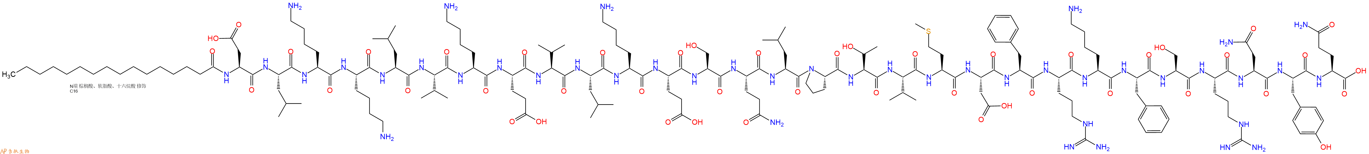 专肽生物产品Palmiticacid-Asp-Leu-Lys-Lys-Leu-Val-Lys-Glu-Val-Leu-Lys-Glu-Ser-Gln-Leu-Pro-Thr-Val-Met-Asp-Phe-Arg-Lys-Phe-Ser-Arg-Asn-Tyr-Gln-OH