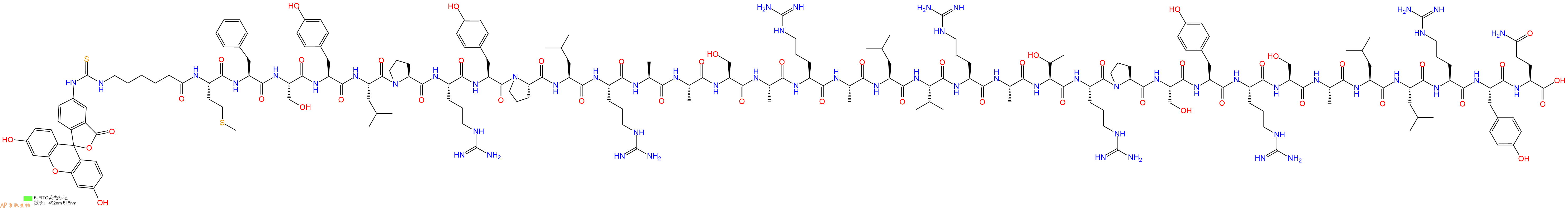专肽生物产品5FITC-Ahx-Met-Phe-Ser-Tyr-Leu-Pro-Arg-Tyr-Pro-Leu-Arg-Ala-Ala-Ser-Ala-Arg-Ala-Leu-Val-Arg-Ala-Thr-Arg-Pro-Ser-Tyr-Arg-Ser-Ala-Leu-Leu-Arg-Tyr-Gln-OH