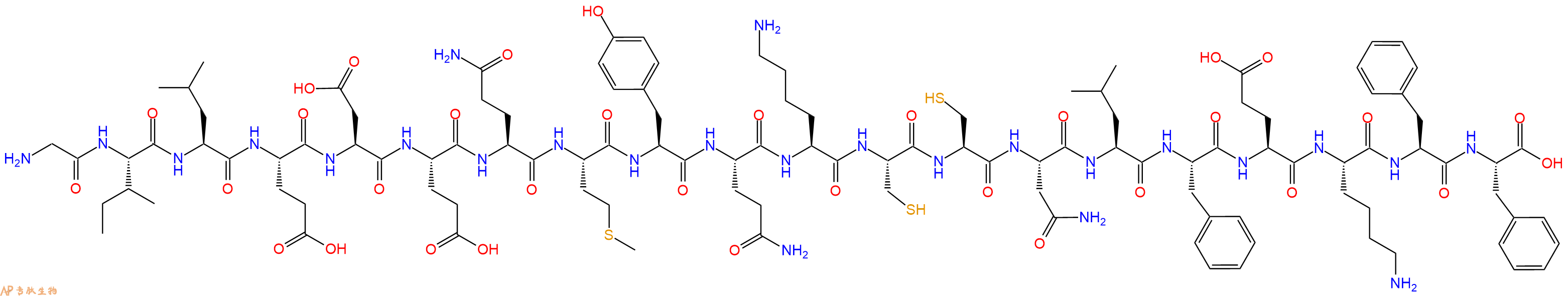 专肽生物产品H2N-Gly-Ile-Leu-Glu-Asp-Glu-Gln-Met-Tyr-Gln-Lys-Cys-Cys-Asn-Leu-Phe-Glu-Lys-Phe-Phe-OH