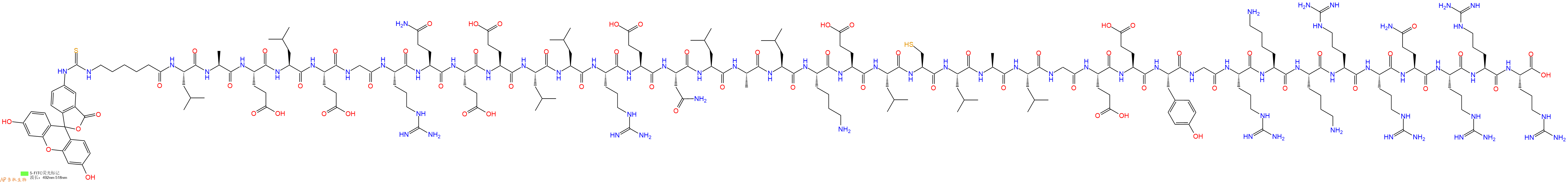 专肽生物产品5FITC-Ahx-Leu-Ala-Glu-Leu-Glu-Gly-Arg-Gln-Glu-Glu-Leu-Leu-Arg-Glu-Asn-Leu-Ala-Leu-Lys-Glu-Leu-Cys-Leu-Ala-Leu-Gly-Glu-Glu-Tyr-Gly-Arg-Lys-Lys-Arg-Arg-Gln-Arg-Arg-Arg-OH