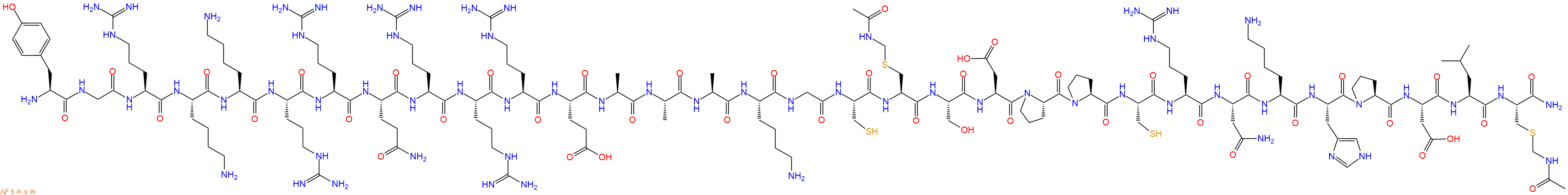 专肽生物产品H2N-Tyr-Gly-Arg-Lys-Lys-Arg-Arg-Gln-Arg-Arg-Arg-Glu-Ala-Ala-Ala-Lys-Gly-Cys-Cys(Acm)-Ser-Asp-Pro-Pro-Cys-Arg-Asn-Lys-His-Pro-Asp-Leu-Cys(Acm)-CONH2