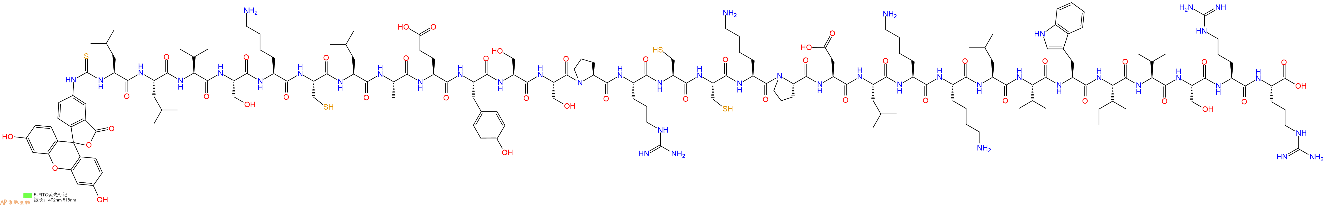 专肽生物产品5FITC-Leu-Leu-Val-Ser-Lys-Cys-Leu-Ala-Glu-Tyr-Ser-Ser-Pro-Arg-Cys-Cys-Lys-Pro-Asp-Leu-Lys-Lys-Leu-Val-Trp-Ile-Val-Ser-Arg-Arg-OH