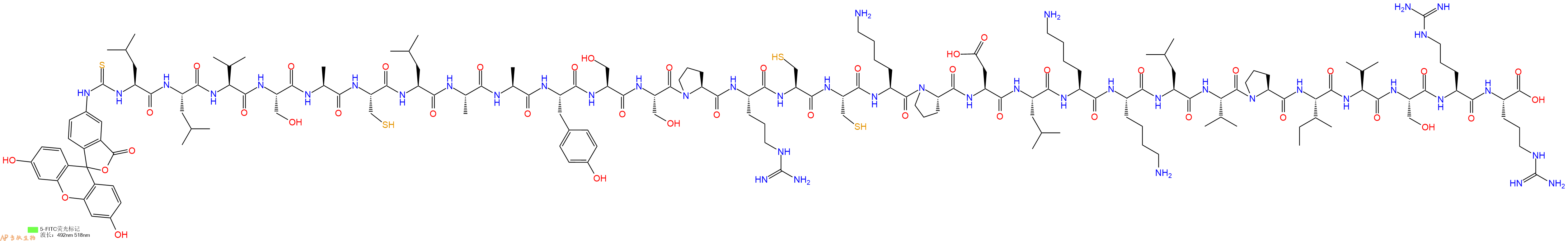 专肽生物产品5FITC-Leu-Leu-Val-Ser-Ala-Cys-Leu-Ala-Ala-Tyr-Ser-Ser-Pro-Arg-Cys-Cys-Lys-Pro-Asp-Leu-Lys-Lys-Leu-Val-Pro-Ile-Val-Ser-Arg-Arg-OH