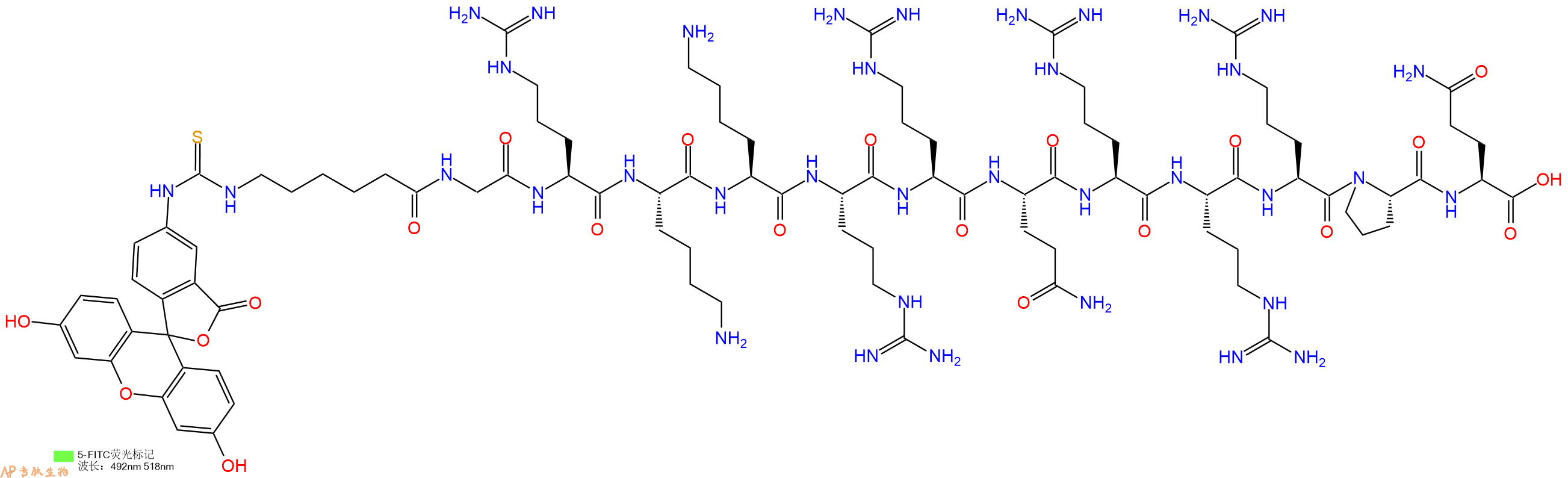 专肽生物产品5FITC-Ahx-Gly-Arg-Lys-Lys-Arg-Arg-Gln-Arg-Arg-Arg-Pro-Gln-OH