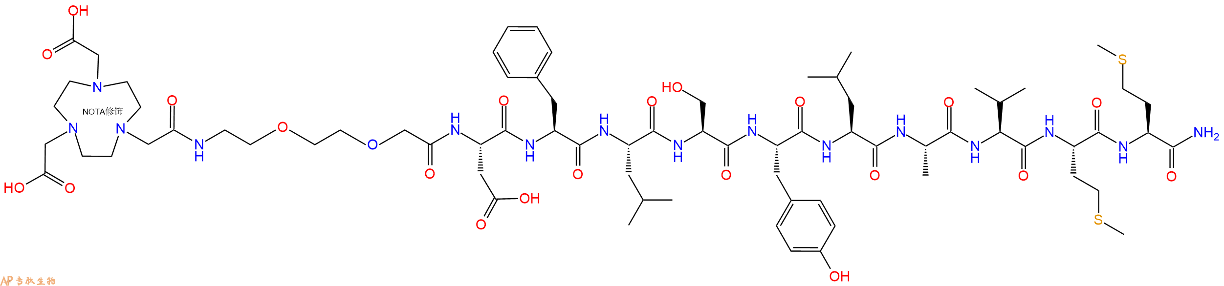 专肽生物产品NOTA-PEG2-Asp-Phe-Leu-Ser-Tyr-Leu-Ala-Val-Met-Met-CONH2