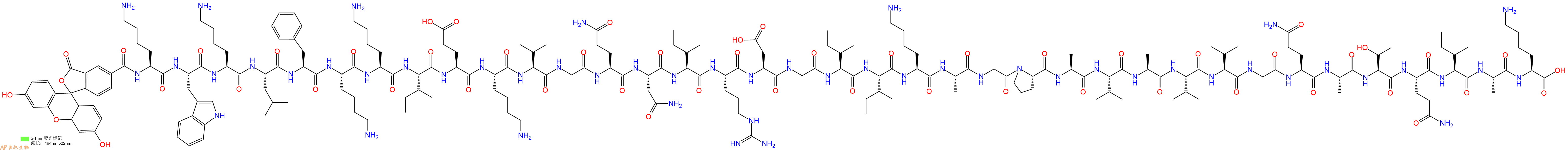 专肽生物产品5FAM-Lys-Trp-Lys-Leu-Phe-Lys-Lys-Ile-Glu-Lys-Val-Gly-Gln-Asn-Ile-Arg-Asp-Gly-Ile-Ile-Lys-Ala-Gly-Pro-Ala-Val-Ala-Val-Val-Gly-Gln-Ala-Thr-Gln-Ile-Ala-Lys-OH