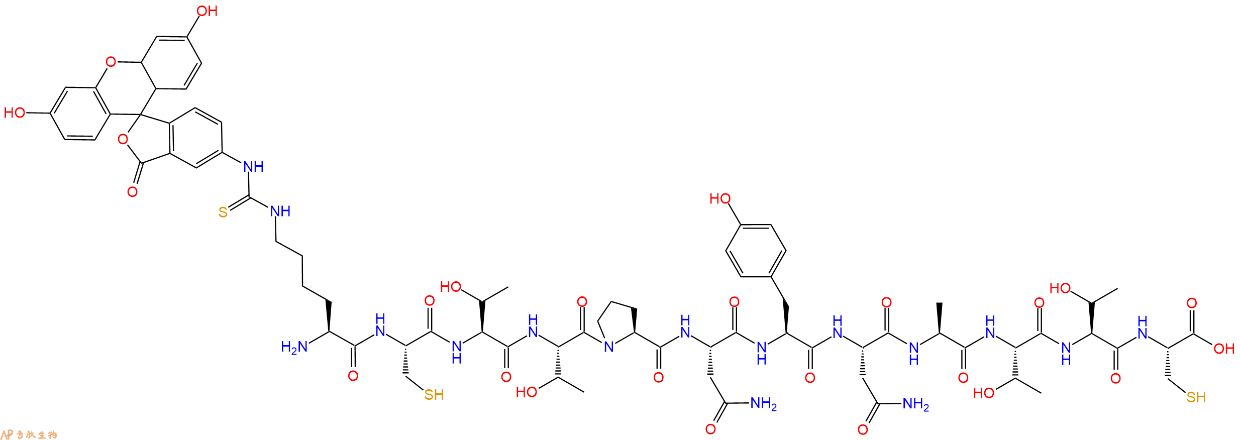专肽生物产品H2N-Lys(FITC)-Cys-Thr-Thr-Pro-Asn-Tyr-Asn-Ala-Thr-Thr-Cys-OH