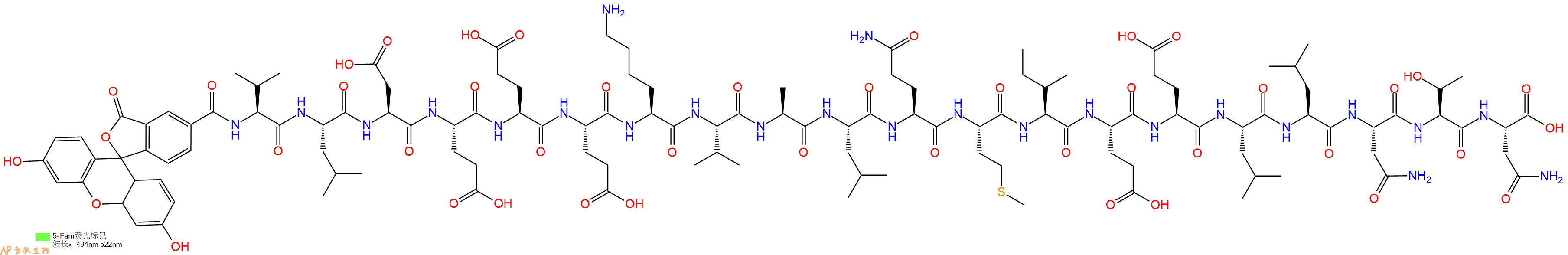 专肽生物产品5FAM-Val-Leu-Asp-Glu-Glu-Glu-Lys-Val-Ala-Leu-Gln-Met-Ile-Glu-Glu-Leu-Leu-Asn-Thr-Asn-OH