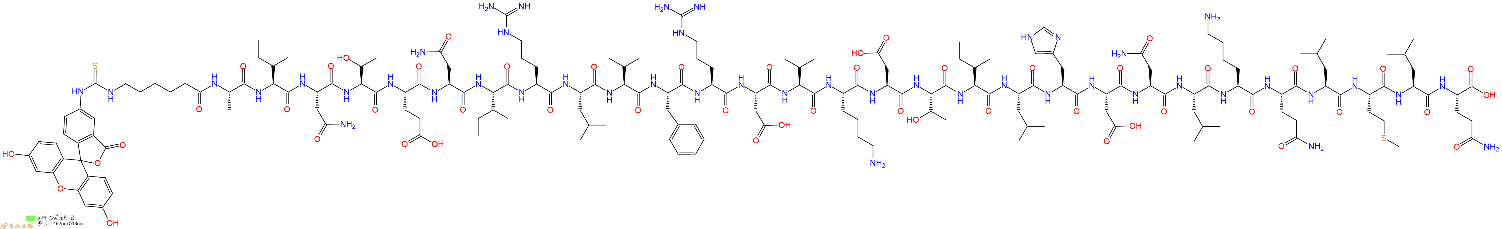 专肽生物产品5FITC-Ahx-Ala-Ile-Asn-Thr-Glu-Asn-Ile-Arg-Leu-Val-Phe-Arg-Asp-Val-Lys-Asp-Thr-Ile-Leu-His-Asp-Asn-Leu-Lys-Gln-Leu-Met-Leu-Gln-OH