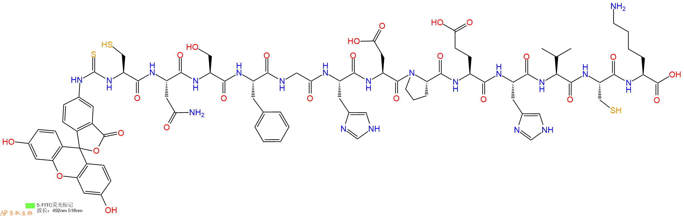 专肽生物产品5FITC-Cys-Asn-Ser-Phe-Gly-His-Asp-Pro-Glu-His-Val-Cys-Lys-OH